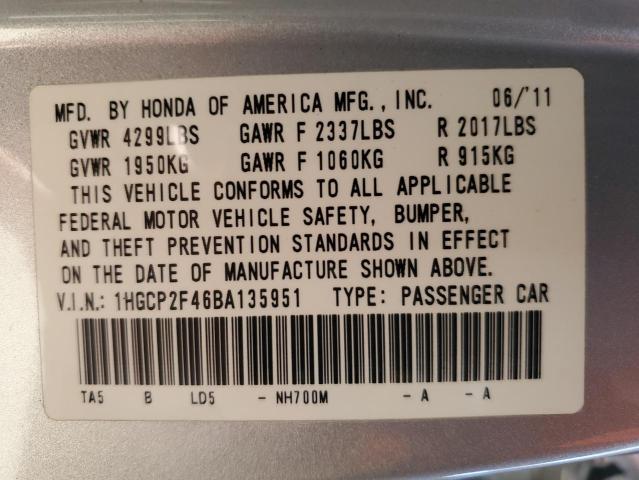 1HGCP2F46BA135951 - 2011 HONDA ACCORD LXP SILVER photo 12