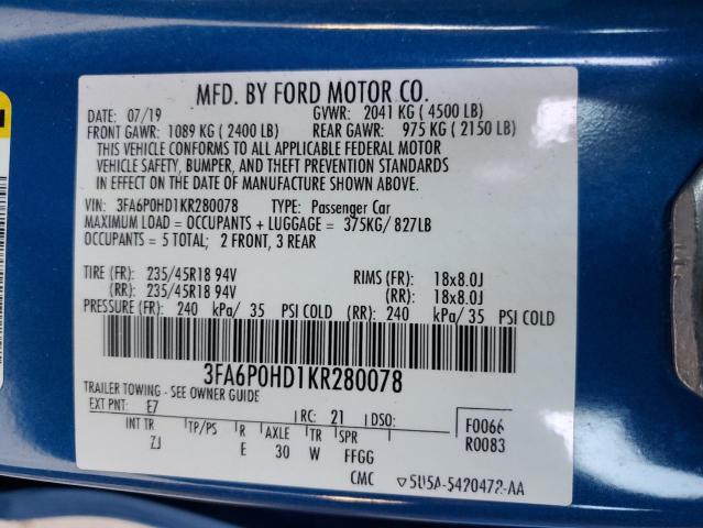 3FA6P0HD1KR280078 - 2019 FORD FUSION SE BLUE photo 14