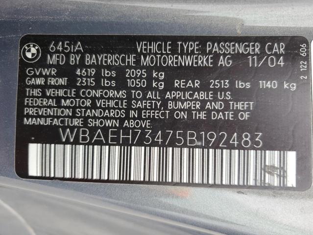WBAEH73475B192483 - 2005 BMW 645 CI AUTOMATIC 灰色 照片 12