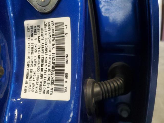 19XFC2F83KE012891 - 2019 HONDA CIVIC SPORT BLUE photo 13