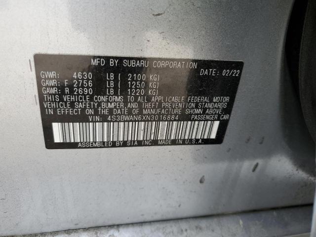 4S3BWAN6XN3016884 - 2022 SUBARU LEGACY LIMITED GRAY photo 12