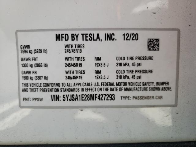 5YJSA1E28MF427293 - 2021 TESLA MODEL S თეთრი ფოტო 10