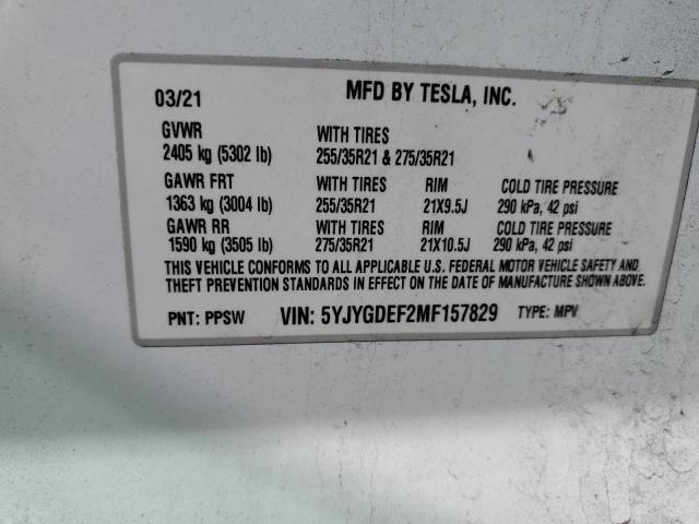 5YJYGDEF2MF157829 - 2021 TESLA MODEL Y WHITE photo 12