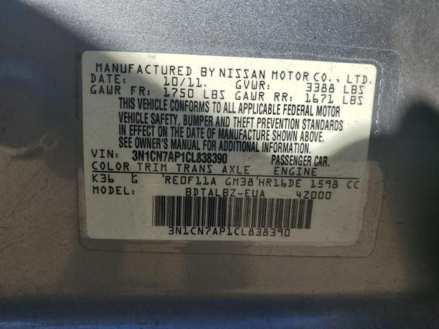 3N1CN7AP1CL838390 - 2012 NISSAN VERSA S GRAY photo 12