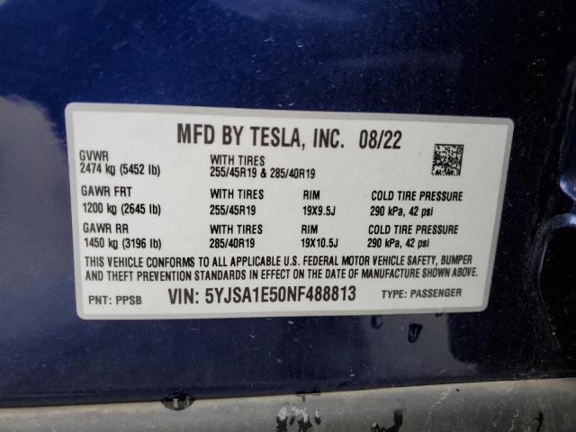5YJSA1E50NF488813 - 2022 TESLA MODEL S ლურჯი ფოტო 13