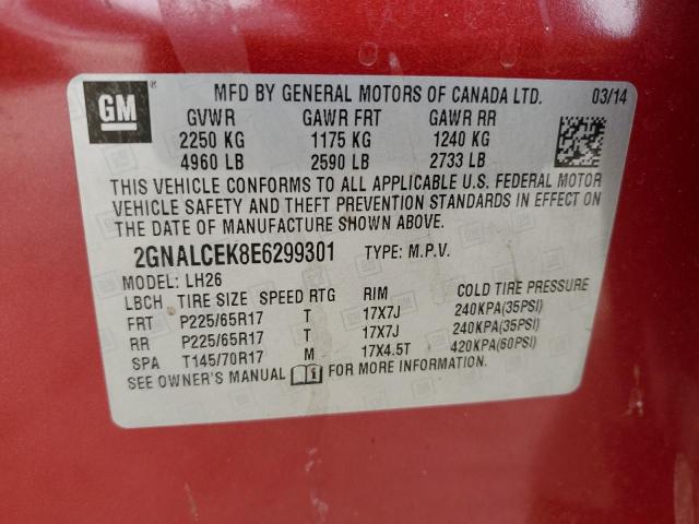 2GNALCEK8E6299301 - 2014 CHEVROLET EQUINOX LT RED photo 12