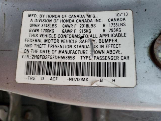 2HGFB2F57DH593698 - 2013 HONDA CIVIC LX SILVER photo 12