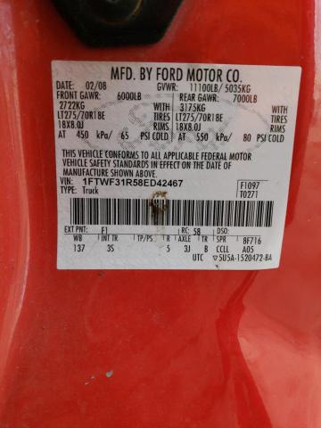 1FTWF31R58ED42467 - 2008 FORD F350 SRW SUPER DUTY RED photo 12