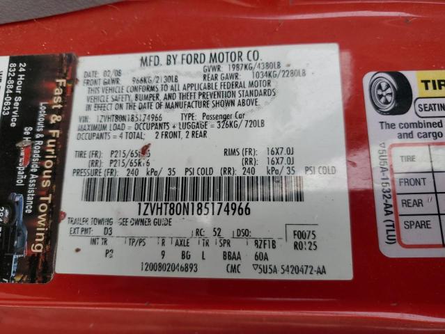 1ZVHT80N185174966 - 2008 FORD MUSTANG RED photo 13