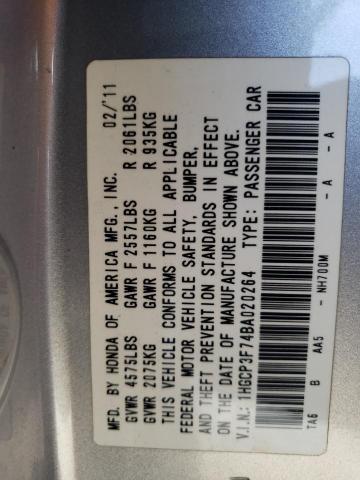 1HGCP3F74BA020264 - 2011 HONDA ACCORD EX SILVER photo 13