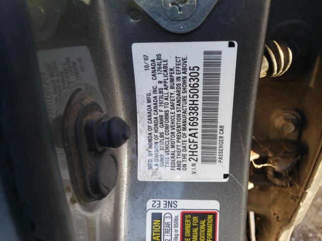 2HGFA16938H506305 - 2008 HONDA CIVIC EXL ვერცხლისფერი ფოტო 12