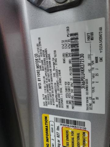 3FA6P0LU4KR272130 - 2019 FORD FUSION SE SILVER photo 12