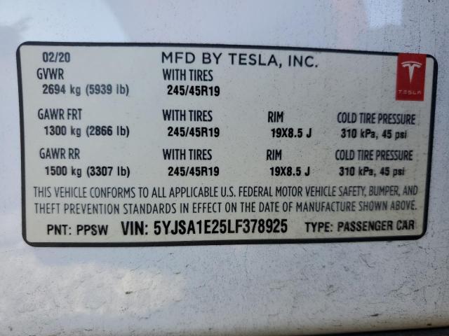 5YJSA1E25LF378925 - 2020 TESLA MODEL S 白色 照片 13