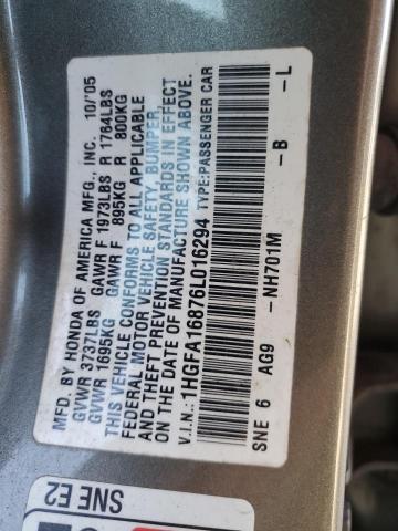 1HGFA16876L016294 - 2006 HONDA CIVIC EX GRAY photo 12