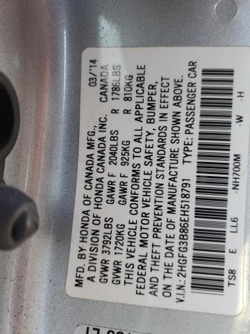 2HGFG3B86EH518791 - 2014 HONDA CIVIC EX SILVER photo 12