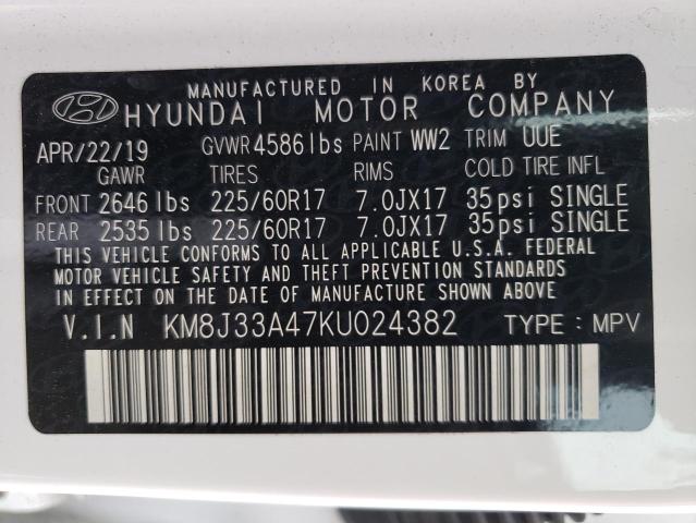 KM8J33A47KU024382 - 2019 HYUNDAI TUCSON LIMITED WHITE photo 13