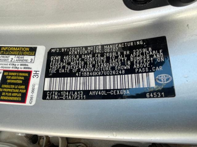 4T1BB46K87U026248 - 2007 TOYOTA CAMRY HYBRID SILVER photo 10