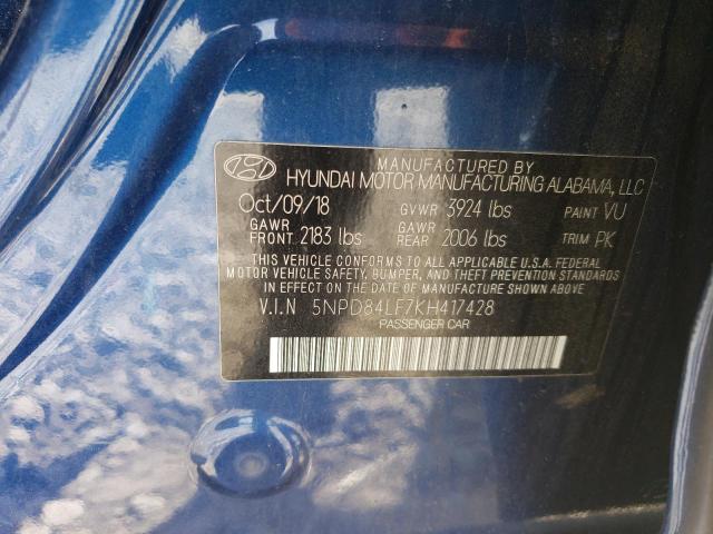 5NPD84LF7KH417428 - 2019 HYUNDAI ELANTRA SEL BLUE photo 12