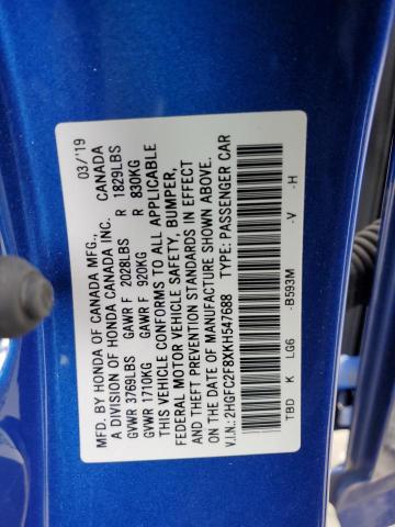 2HGFC2F8XKH547688 - 2019 HONDA CIVIC SPORT BLUE photo 12