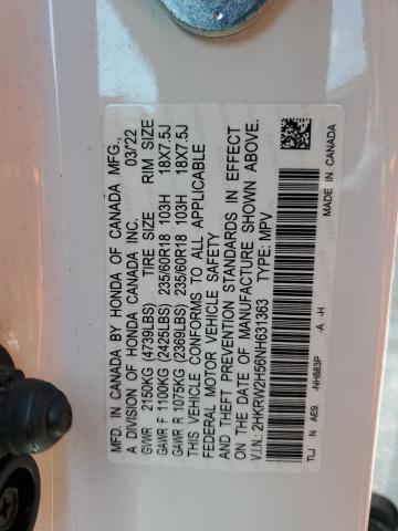 2HKRW2H56NH631363 - 2022 HONDA CR-V EX WHITE photo 12