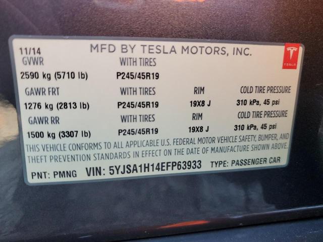 5YJSA1H14EFP63933 - 2014 TESLA MODEL S GRAY photo 12
