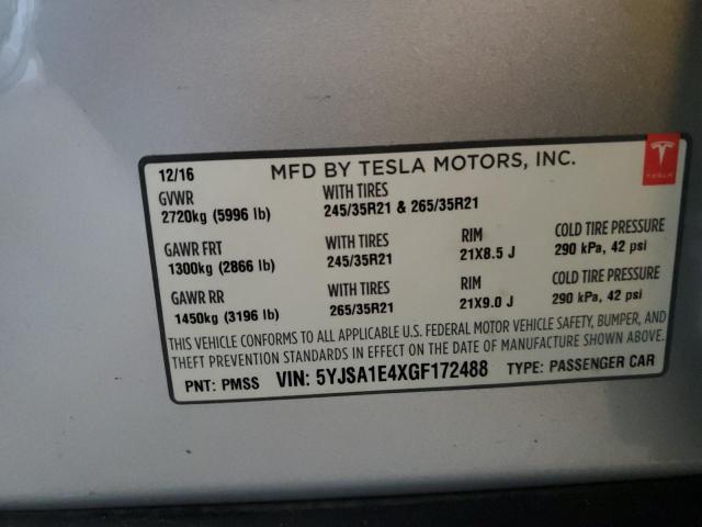 5YJSA1E4XGF172488 - 2016 TESLA MODEL S SILVER photo 13