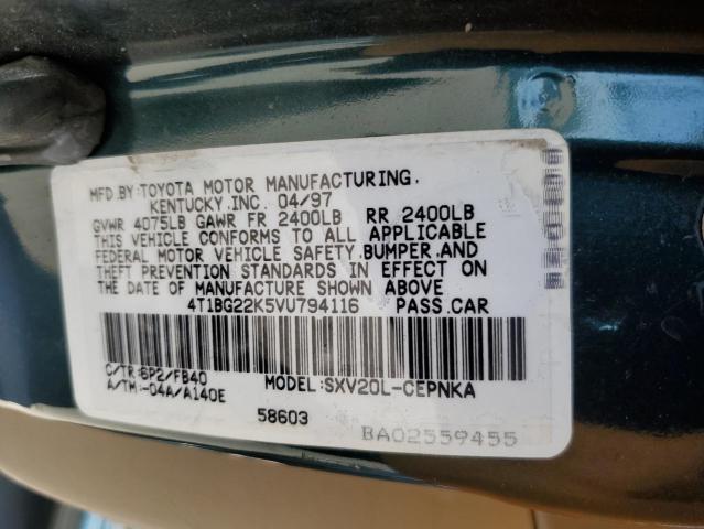 4T1BG22K5VU794116 - 1997 TOYOTA CAMRY CE TEAL photo 12