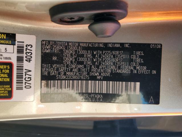 5TDBK22C98S016275 - 2008 TOYOTA SIENNA XLE GOLD photo 12