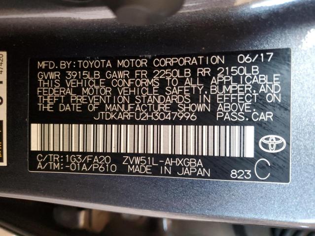 JTDKARFU2H3047996 - 2017 TOYOTA PRIUS GRAY photo 12