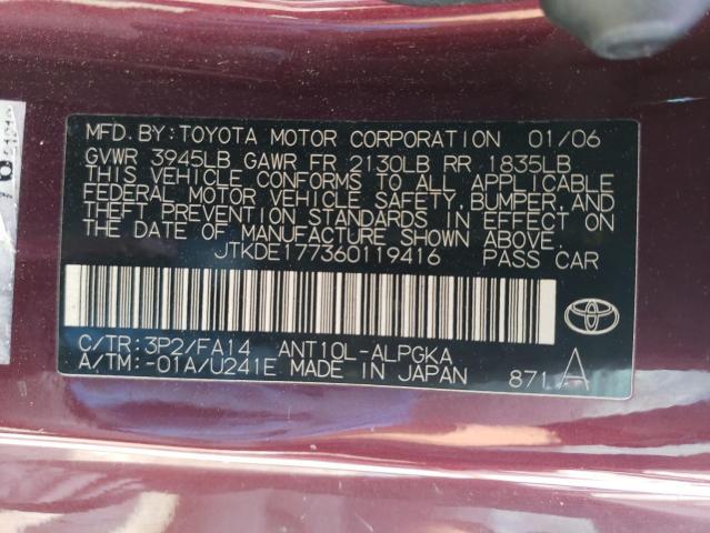 JTKDE177360119416 - 2006 TOYOTA SCION TC MAROON photo 12