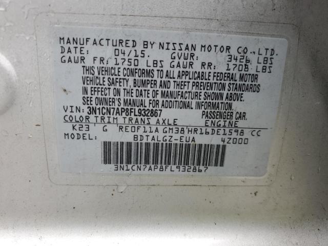 3N1CN7AP8FL932867 - 2015 NISSAN VERSA S SILVER photo 12