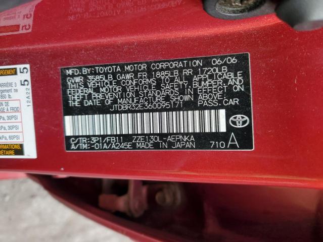 JTDBR32E360095171 - 2006 TOYOTA COROLLA CE RED photo 12