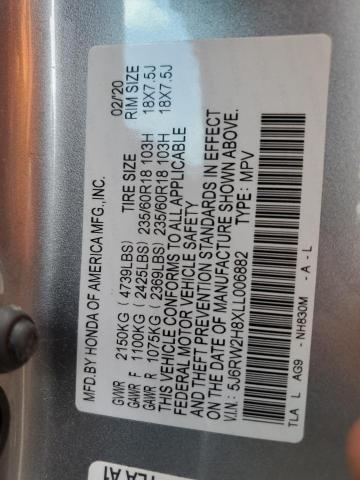 5J6RW2H8XLL006882 - 2020 HONDA CR-V EXL SILVER photo 10