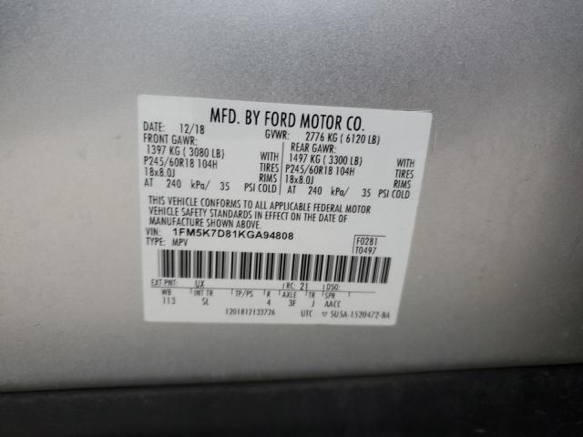 1FM5K7D81KGA94808 - 2019 FORD EXPLORER XLT ვერცხლისფერი ფოტო 14