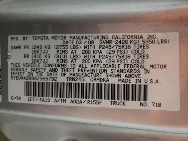 5TEUX42N98Z565792 - 2008 TOYOTA TACOMA ACCESS CAB ვერცხლისფერი ფოტო 12