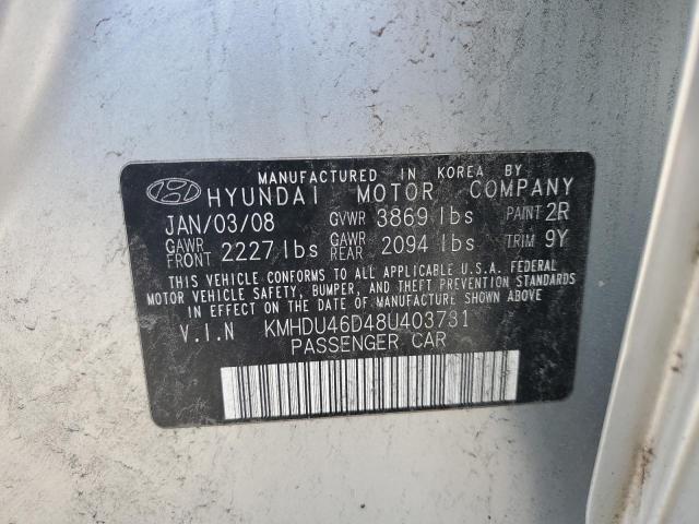 KMHDU46D48U403731 - 2008 HYUNDAI ELANTRA GLS SILVER photo 12