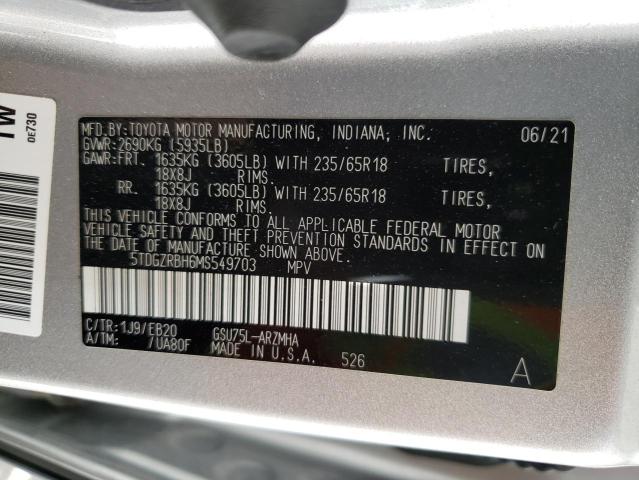 5TDGZRBH6MS549703 - 2021 TOYOTA HIGHLANDER XLE SILVER photo 13