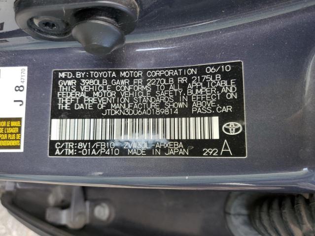 JTDKN3DU6A0189814 - 2010 TOYOTA PRIUS CHARCOAL photo 12