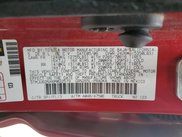 3TMJU62NX6M022579 - 2006 TOYOTA TACOMA DOUBLE CAB PRERUNNER RED photo 13