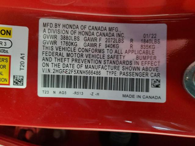 2HGFE2F5XNH566486 - 2022 HONDA CIVIC SPORT RED photo 12