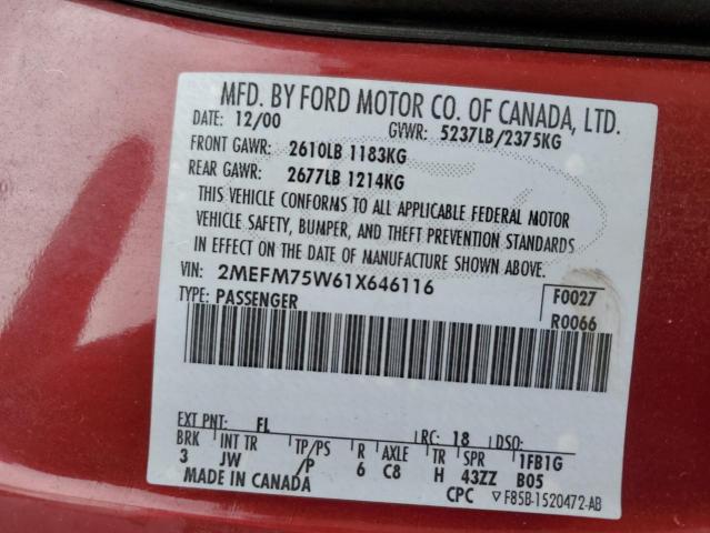 2MEFM75W61X646116 - 2001 MERCURY GRAND MARQ LS RED photo 12