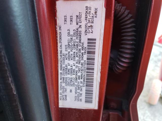 5TEGN92N13Z237324 - 2003 TOYOTA TACOMA DOUBLE CAB PRERUNNER RED photo 12