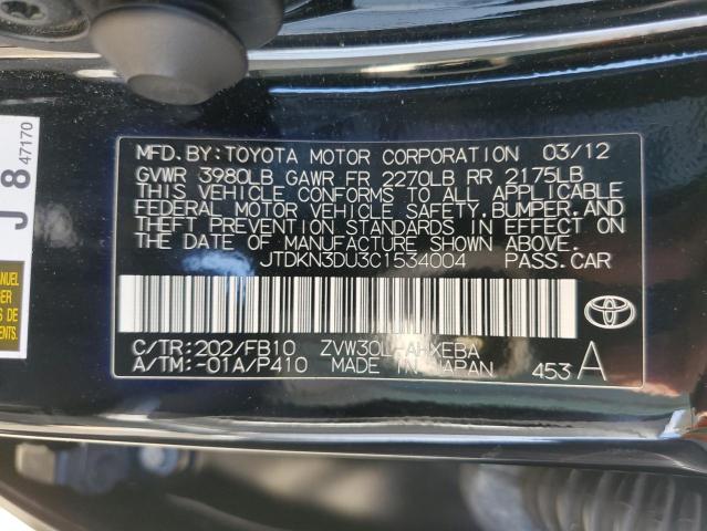 JTDKN3DU3C1534004 - 2012 TOYOTA PRIUS BLACK photo 12