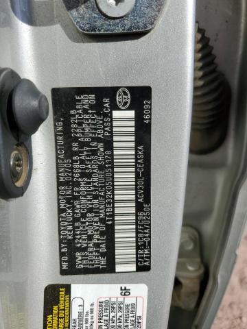 4T1BE32K05U051178 - 2005 TOYOTA CAMRY LE SILVER photo 12