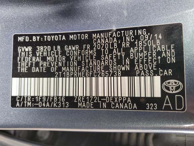 2T1BPRHE6FC265738 - 2015 TOYOTA COROLLA ECO GRAY photo 12