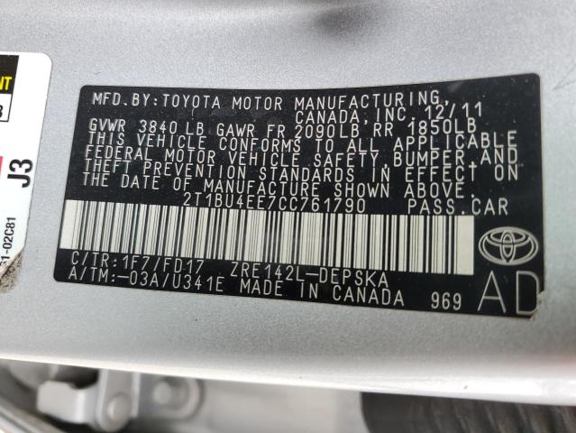 2T1BU4EE7CC761790 - 2012 TOYOTA COROLLA BASE SILVER photo 12