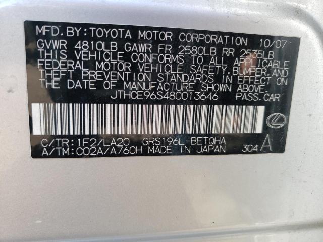 JTHCE96S480013646 - 2008 LEXUS GS 350 SILVER photo 12