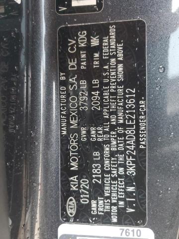 3KPF24AD8LE213612 - 2020 KIA FORTE FE GRAY photo 12