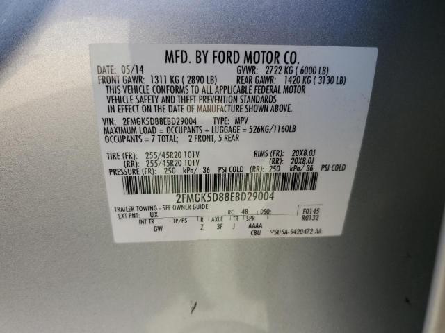 2FMGK5D88EBD29004 - 2014 FORD FLEX LIMITED SILVER photo 12