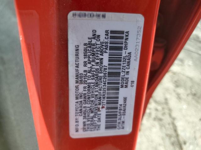 2T1KR32E34C206787 - 2004 TOYOTA COROLLA MA XR RED photo 12